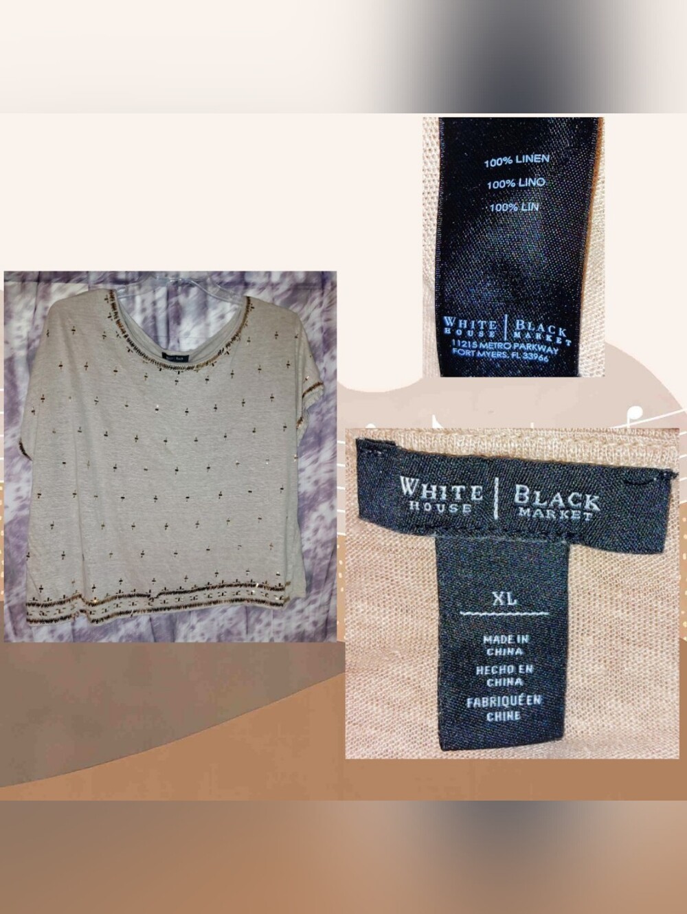 White House Black Market Beige & Gold Beaded & Sequin 100% Linen Knit Top Sz XL